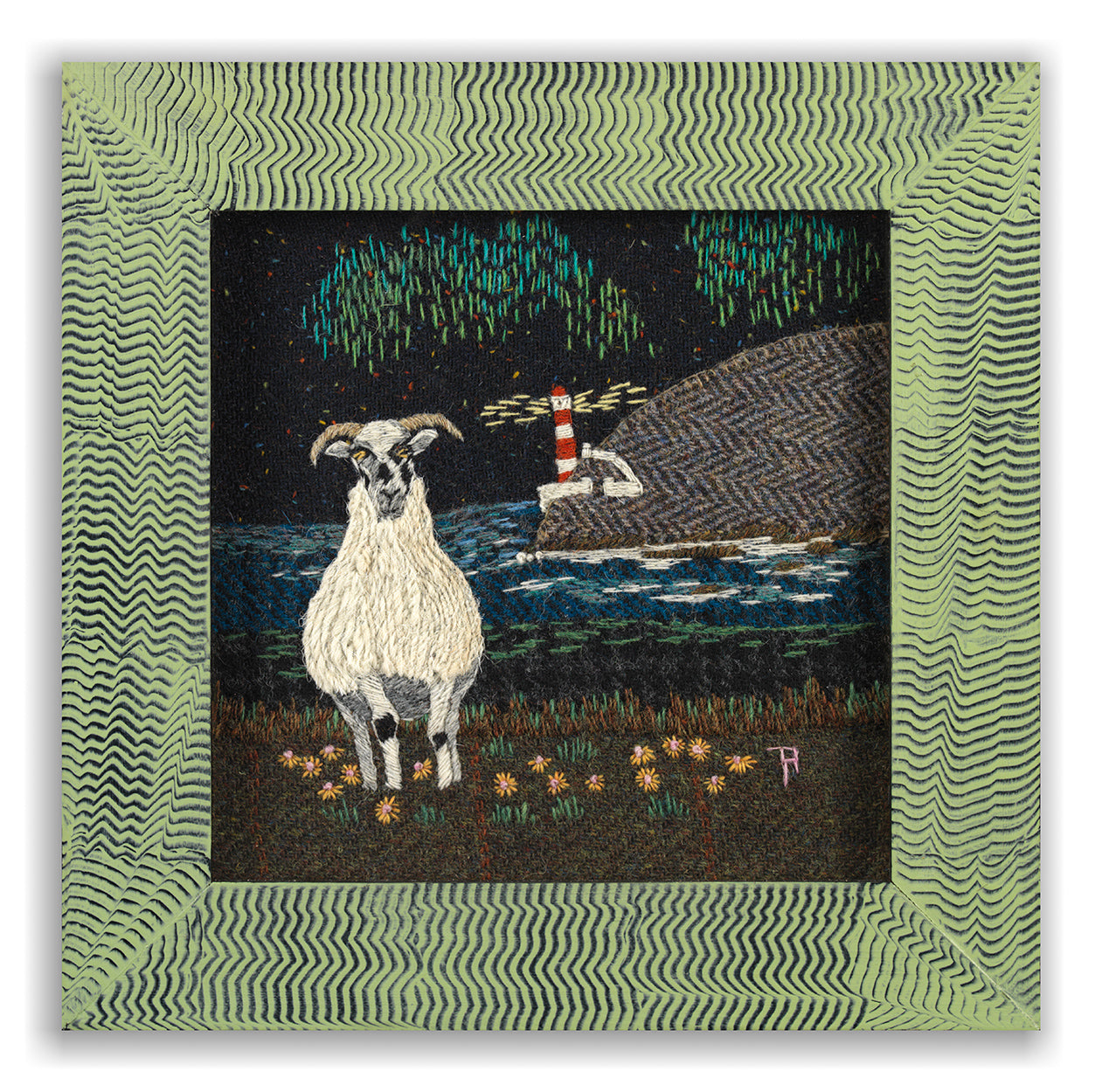 Blackface Ewe with Lighthouse and Northern Lights