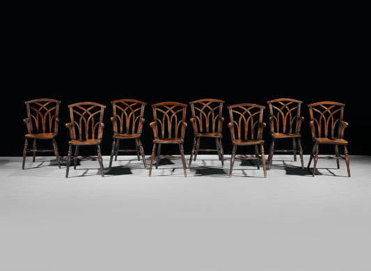 A Spectacular Matched Set of Sixteen Gothic Lace Back Windsor Chairs