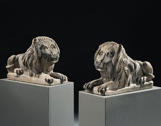 Pair of Primitive Carved Stone Lions