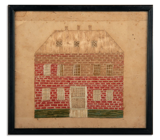 Delightful Primitive Needlework Picture of a Red Brick House