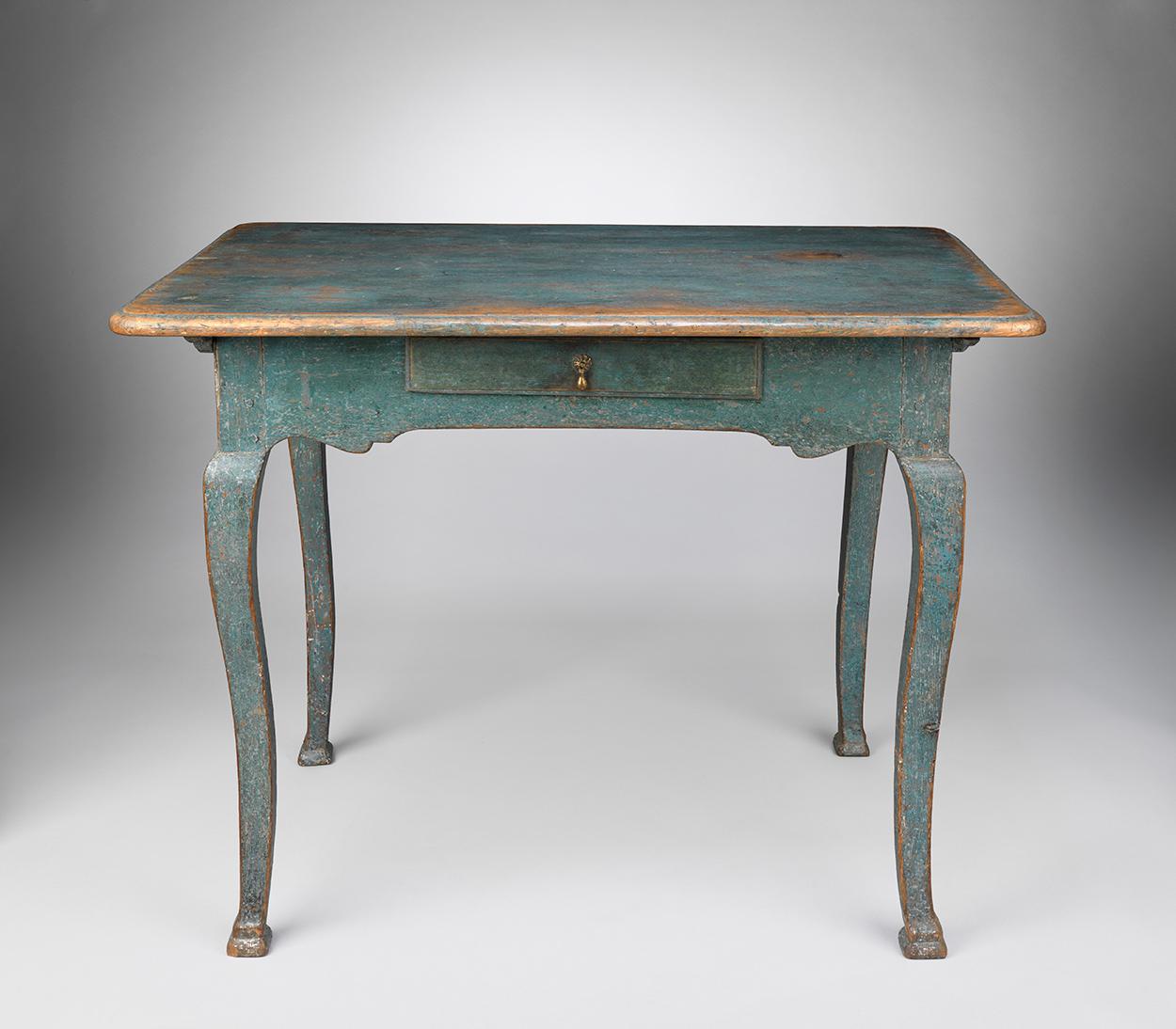 A Blue Painted Vernacular Rococo Side or Writing Table