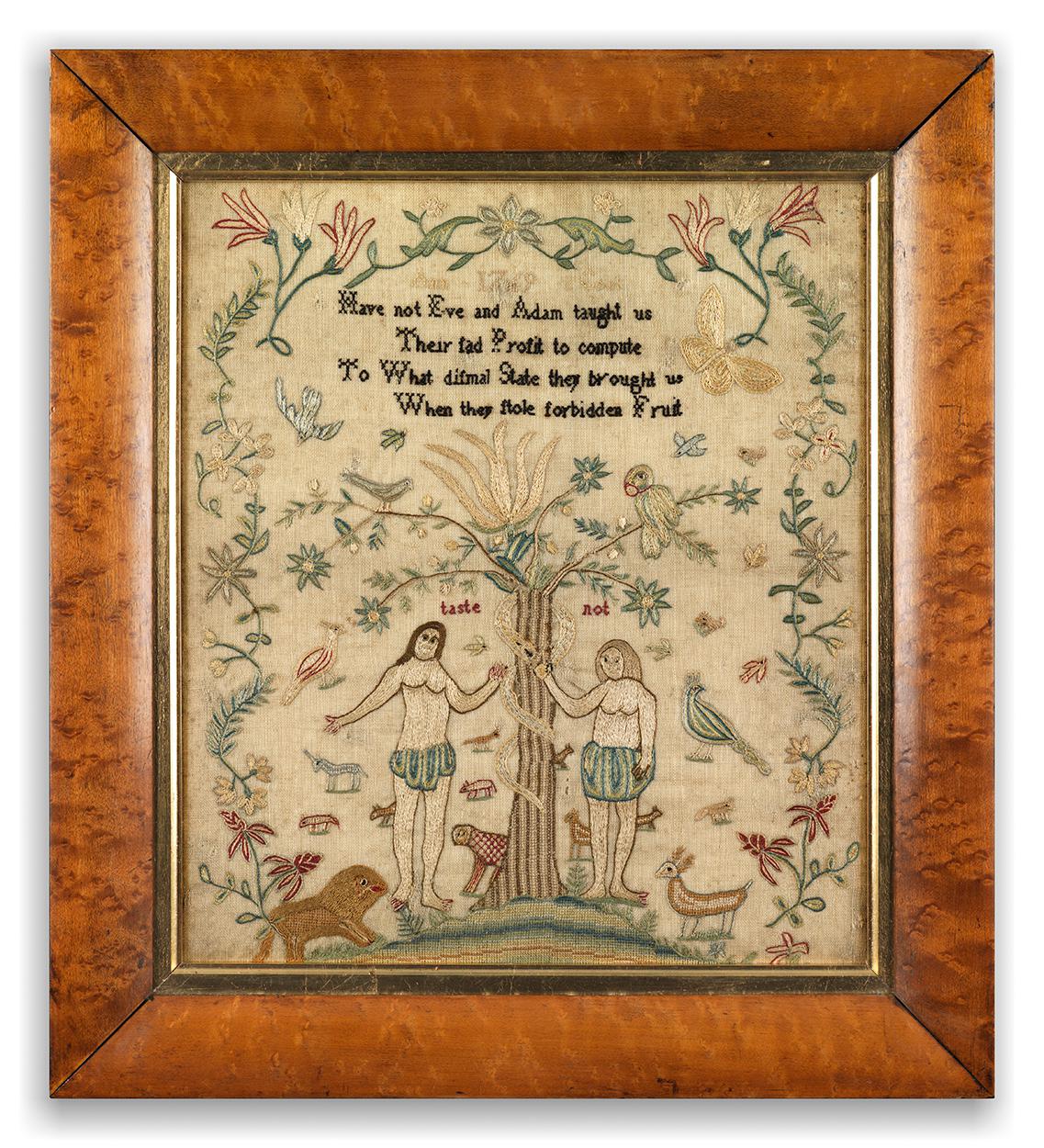 An Engaging Georgian Adam and Eve Sampler by Ann Cook