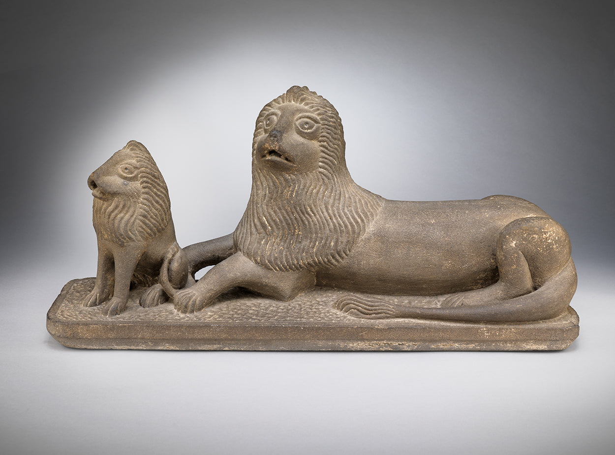 Exceptional Primitive Folk Art Sculpture of a Lion and Cub