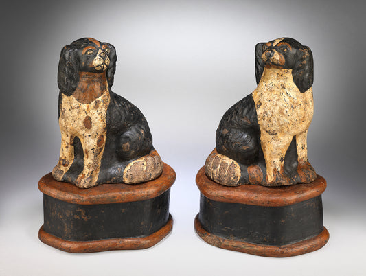 Engaging Pair of Primitive Folk Art Seated Spaniels