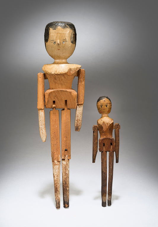 Two Distinctive Early Articulated Folk Art "Peg Dolls"