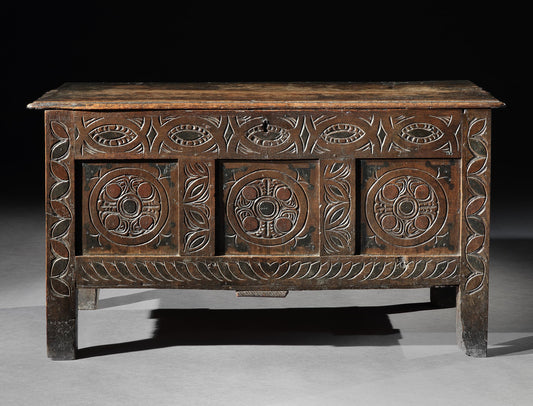 Early West Country Three Panel Decorated Chest