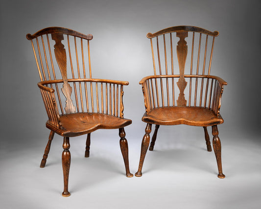 Exceptional Pair of Primitive Georgian Windsor Comb Back Armchairs