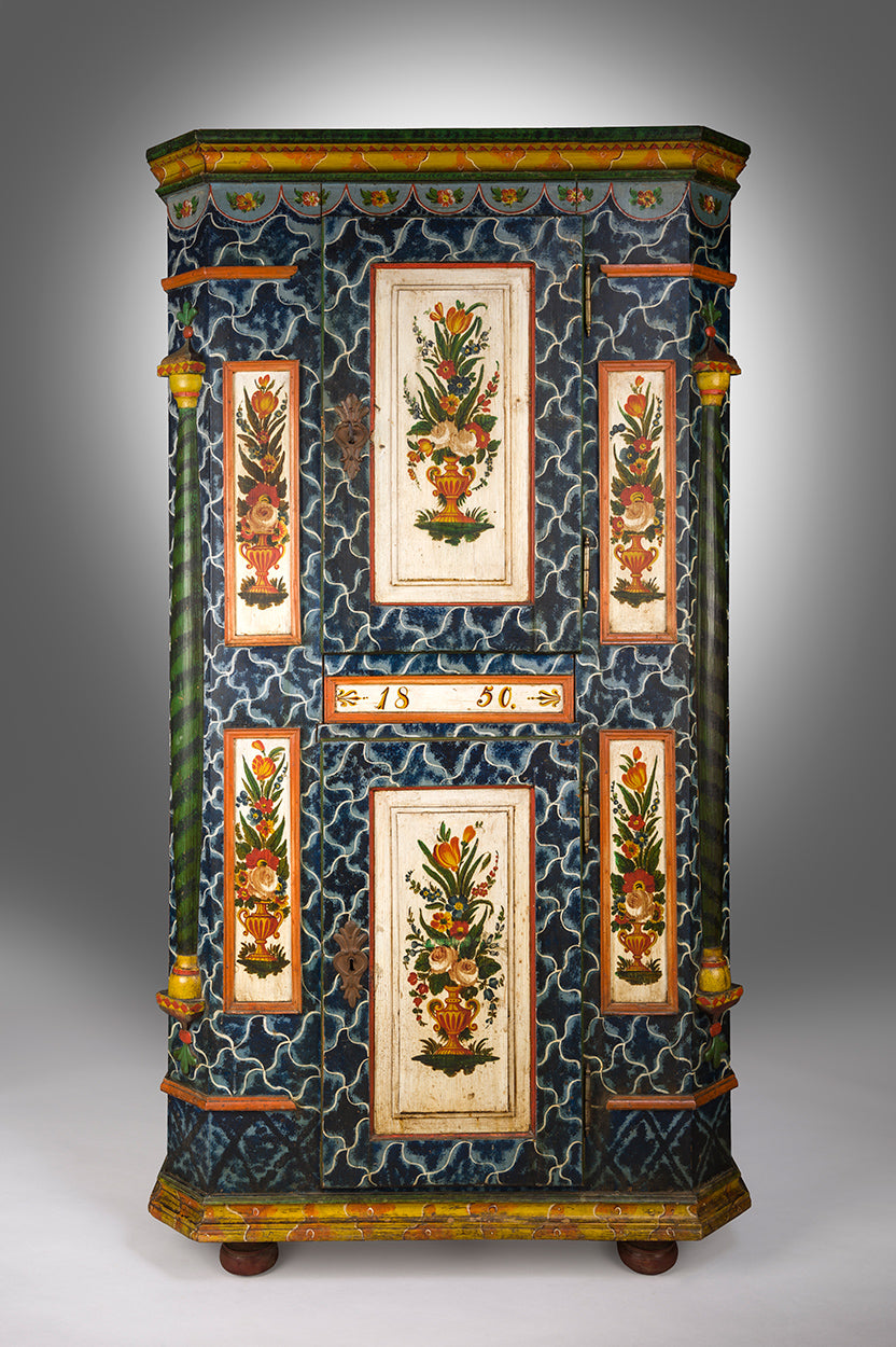 Fine Paint Decorated Folk Art Marriage Cupboard