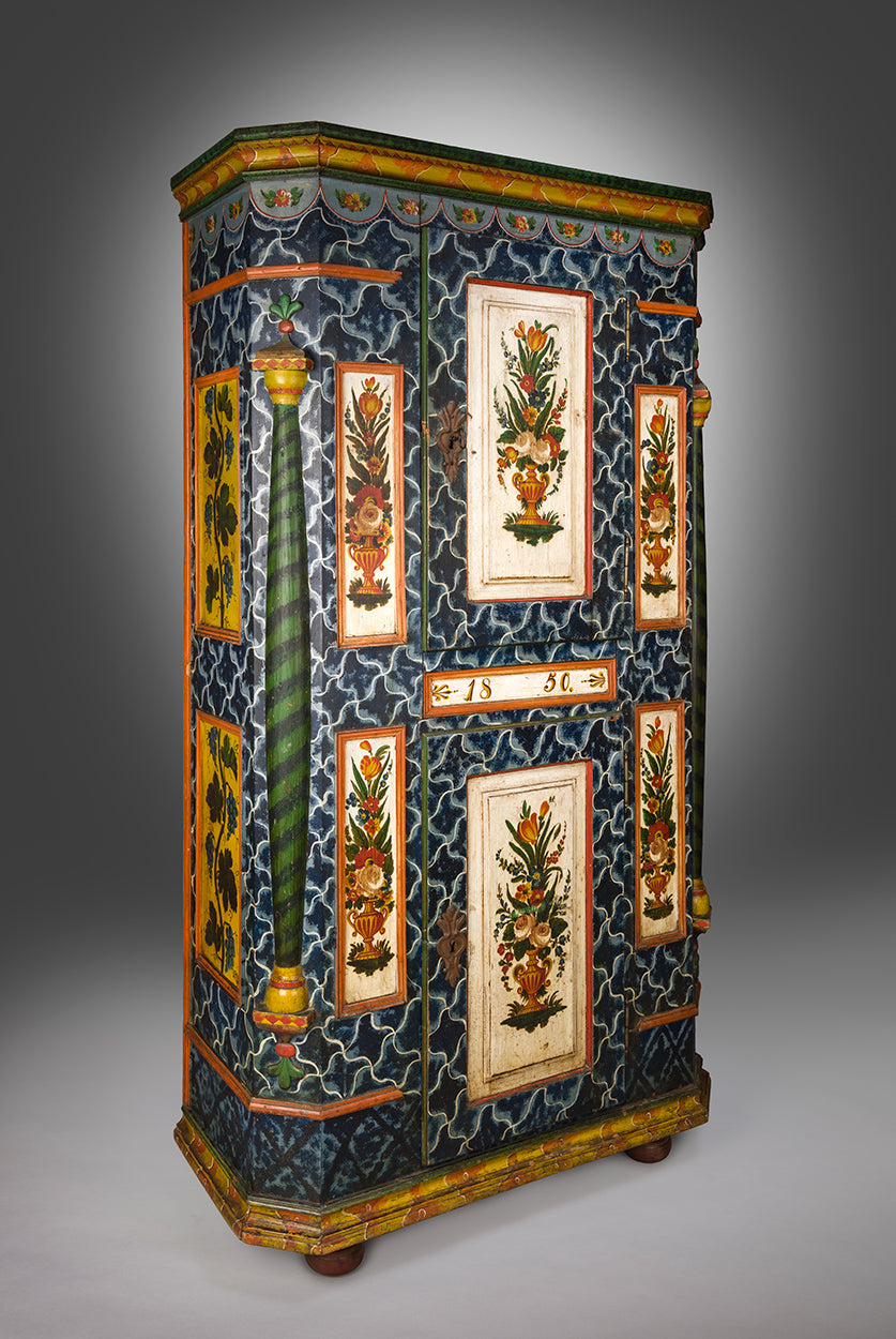 Fine Paint Decorated Folk Art Marriage Cupboard