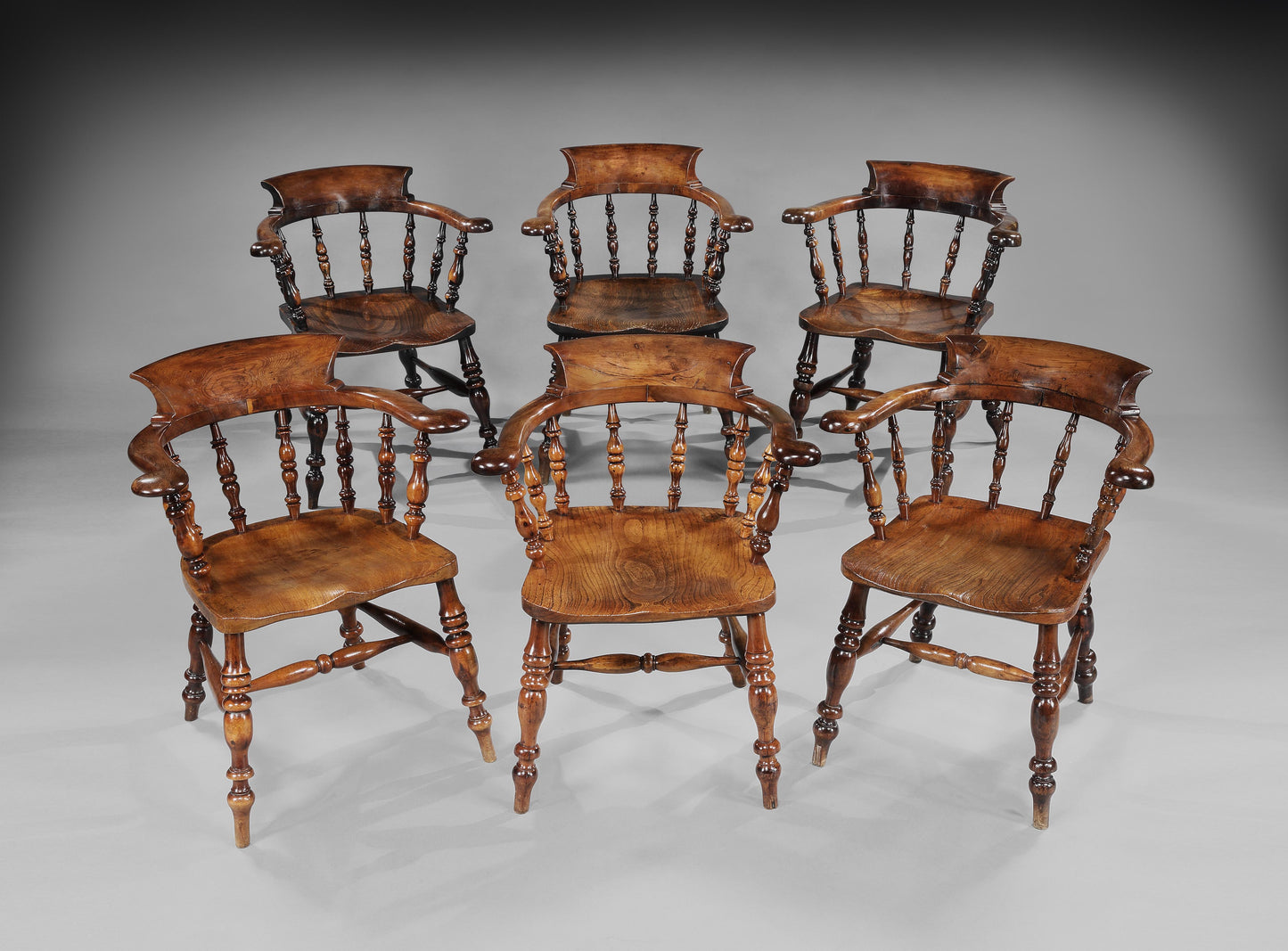 Unusual Group of Six Yew Wood Windsor Armchairs