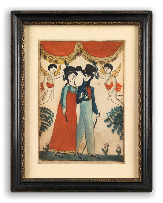 Fine Pair of Naïve Folk Art Watercolours of a "Courting Couple"