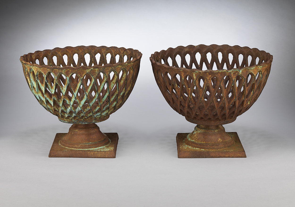 Unusual Pair of Decorative Lattice Urns