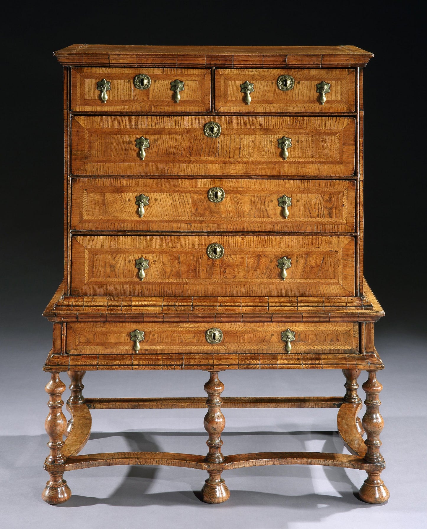 Exceptional William and Mary Chest on Original Turned Leg Stand