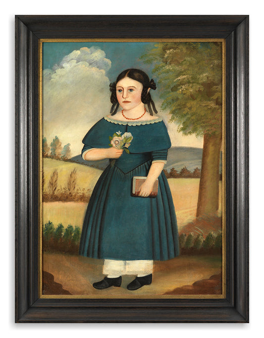 Naïve Portrait of a Girl Wearing a Blue Dress in a Stylised Landscape