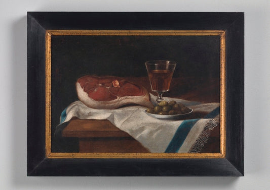 Still Life with Ham, Glass and Olives on Linen Cloth