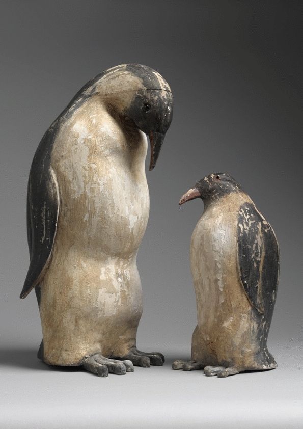 Folk Art Sculpture of a Penguin and its Chick