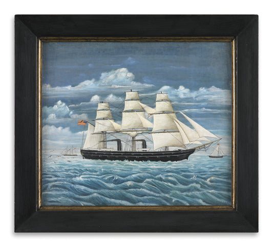 Three Masted Steam Ship In Full Sail, Flying The Stars and Stripes